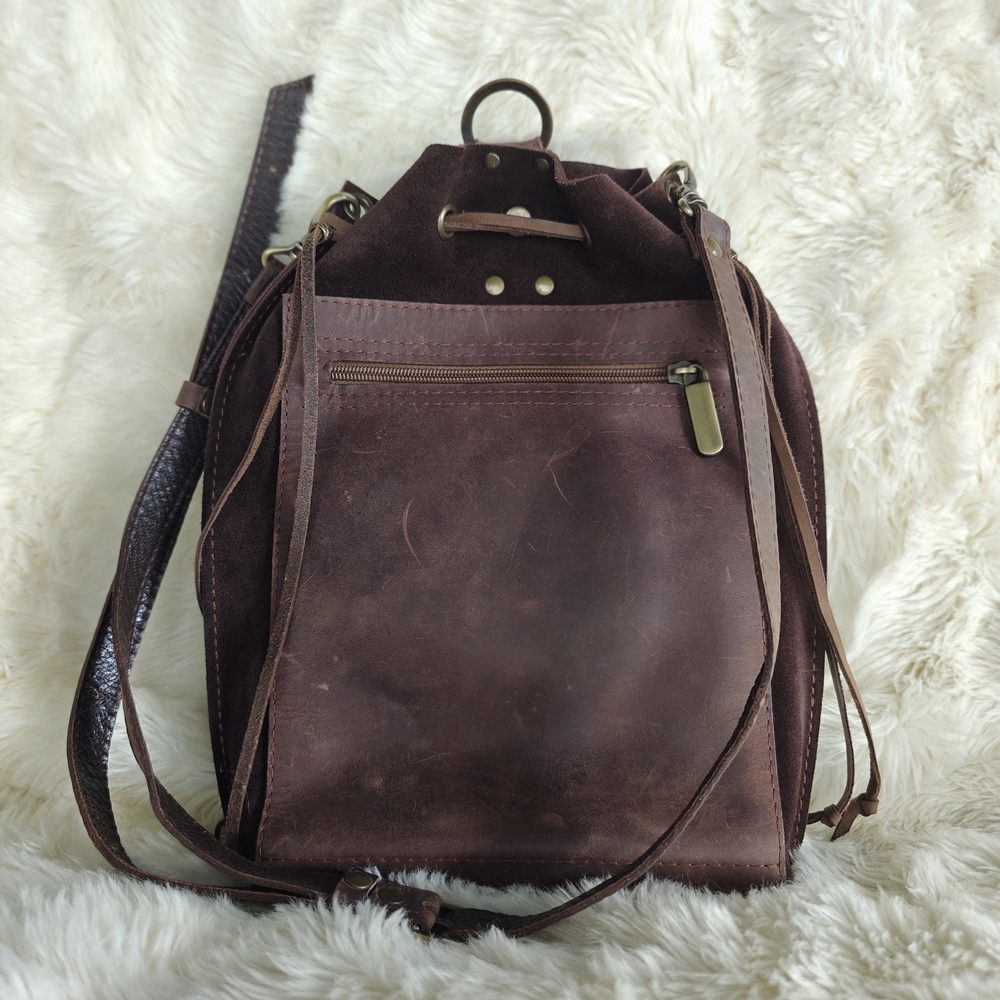 QisaBags Brown Leather Backpack Purse, Suede Leather Bag, Leather Shoulder Bag